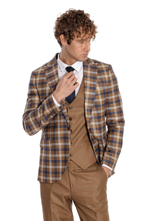 Costume Homme Marron Coupe Slim à Carreaux - Wessi
