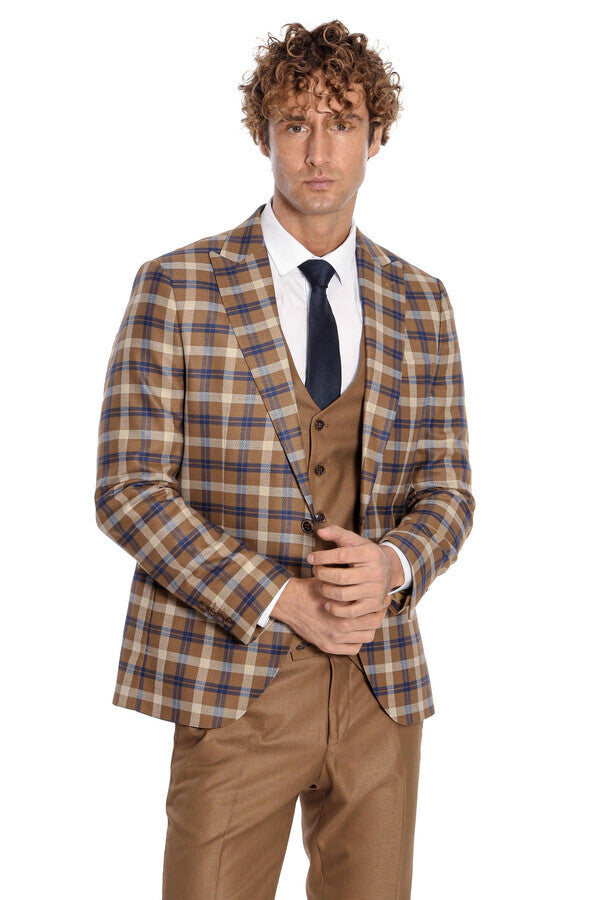 Costume Homme Marron Coupe Slim à Carreaux - Wessi