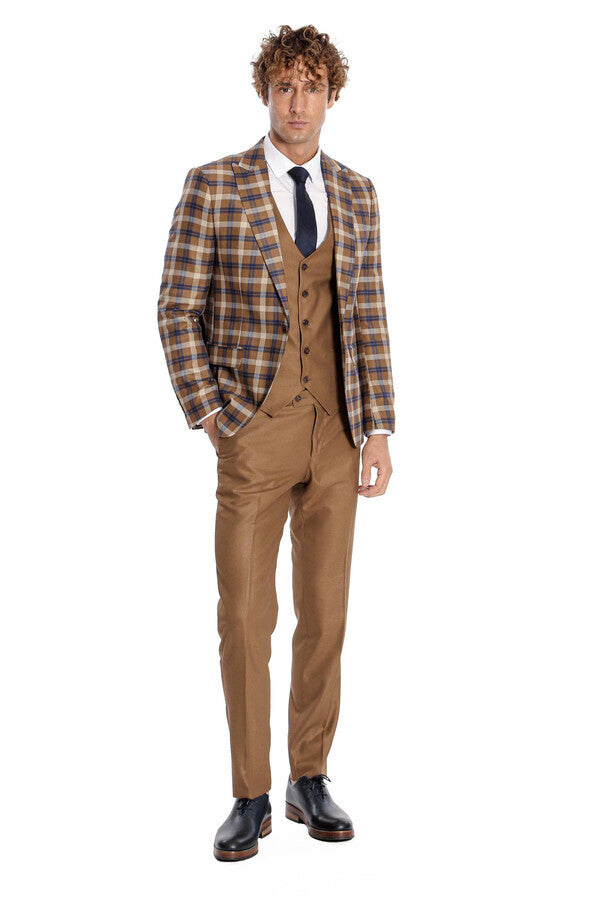 Costume Homme Marron Coupe Slim à Carreaux - Wessi