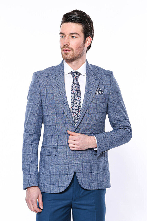 Checked Slim-Fit Single Button Blue Men Blazer - Wessi
