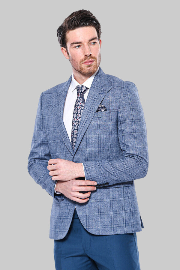 Checked Slim-Fit Single Button Blue Men Blazer - Wessi
