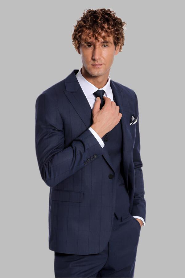 Checked Vested Slim Fit Navy Blue Men Suit - Wessi