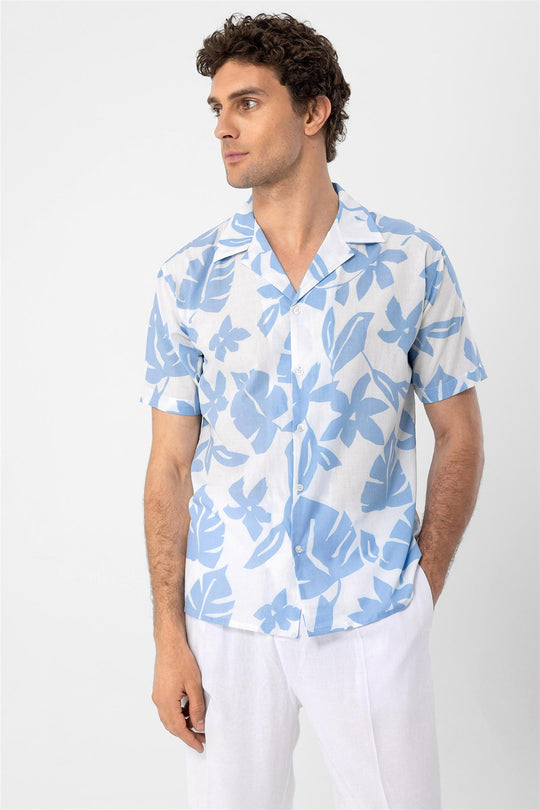 Camicia da uomo con colletto alto con motivo floreale blu - Wessi