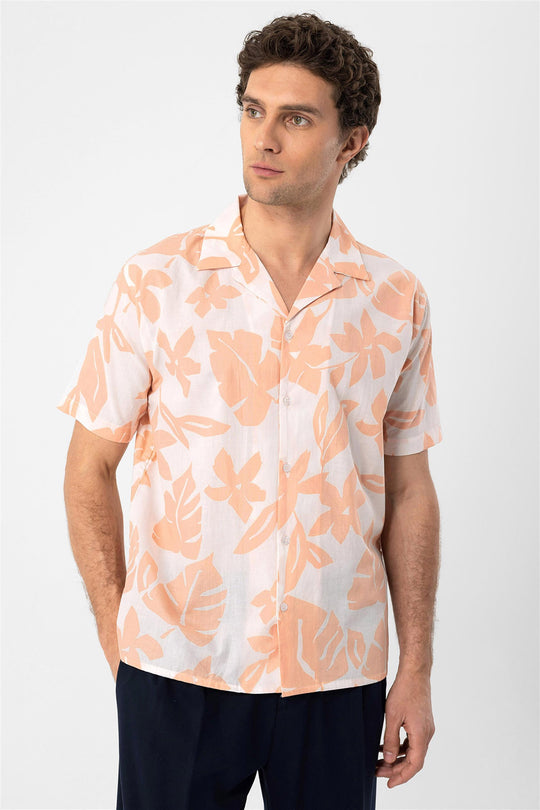 Camicia da uomo con colletto alto con motivo floreale arancione - Wessi