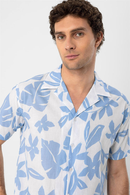 Camicia da uomo con colletto alto con motivo floreale blu - Wessi