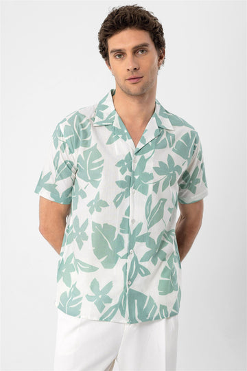 Camicia con colletto alto con motivo floreale verde da uomo - Wessi