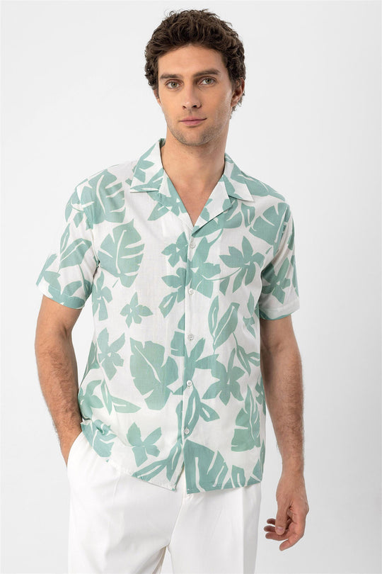Camicia con colletto alto con motivo floreale verde da uomo - Wessi