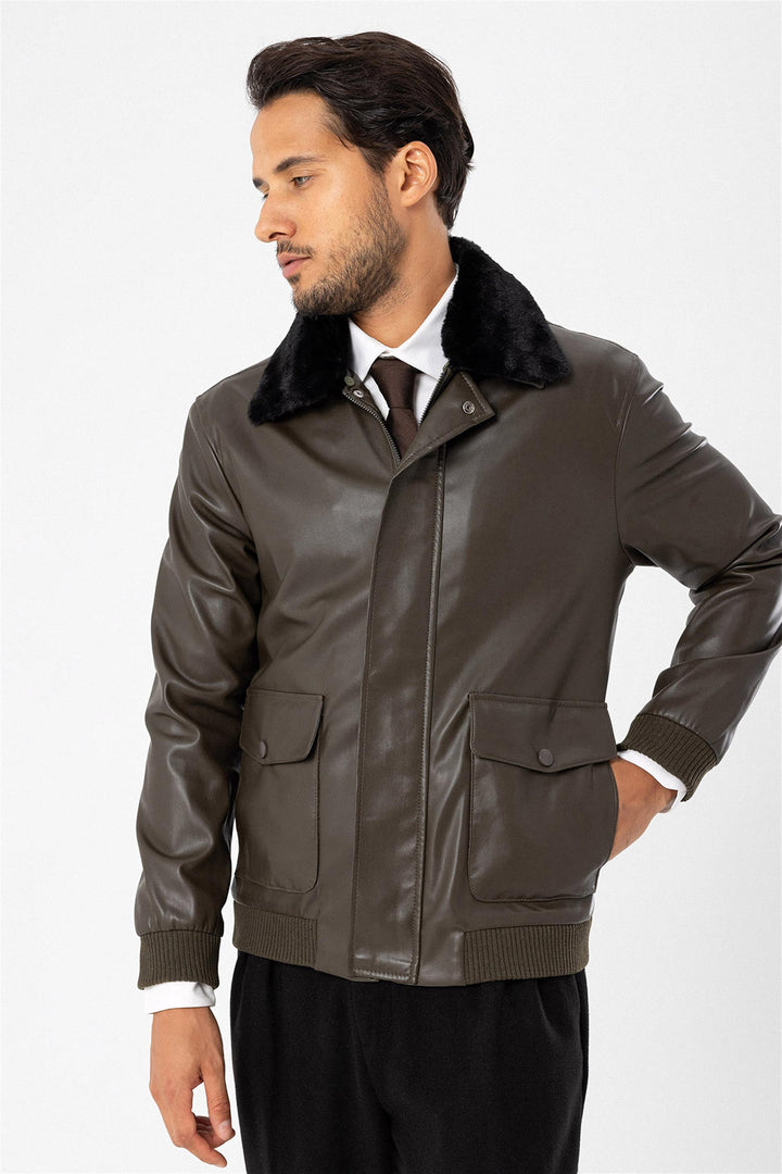 Men's Khaki Double Pocket Fur Collar Leather Coat - Wessi