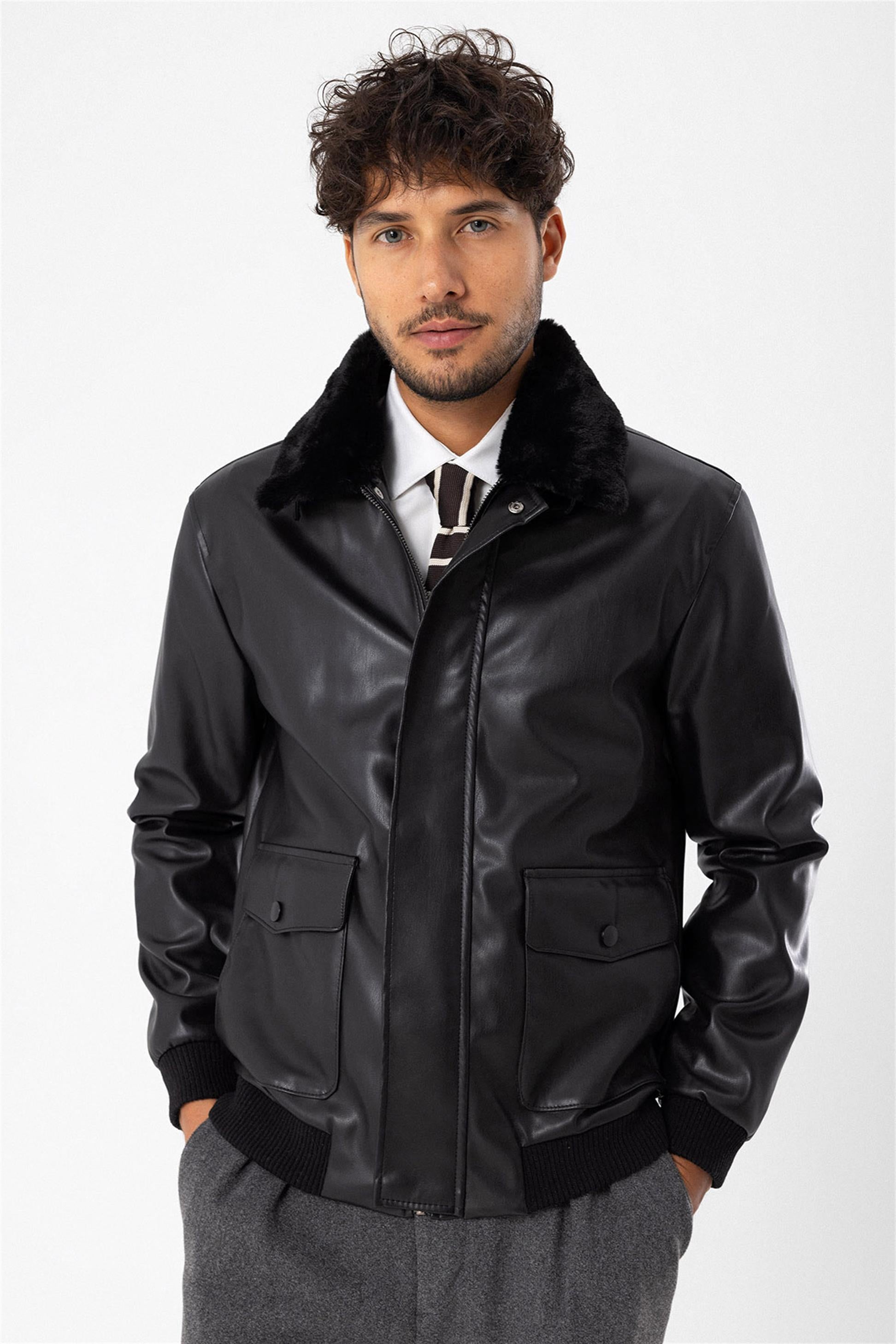 Men's Black Double Pocket Fur Collar Leather Coat - Wessi – Wessi