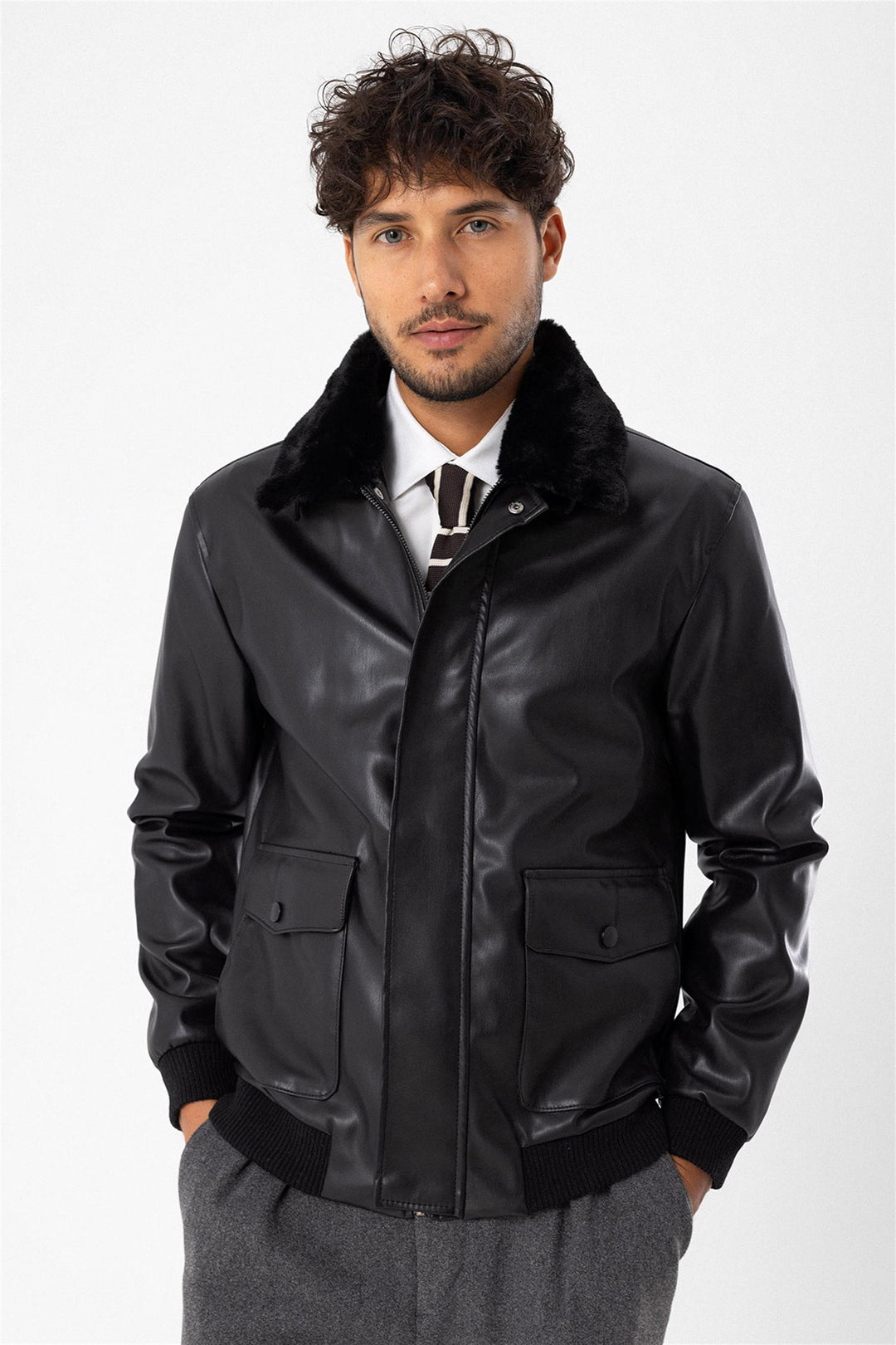 Men's Black Double Pocket Fur Collar Leather Coat - Wessi