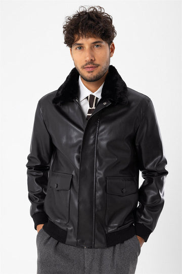 Men's Black Double Pocket Fur Collar Leather Coat - Wessi