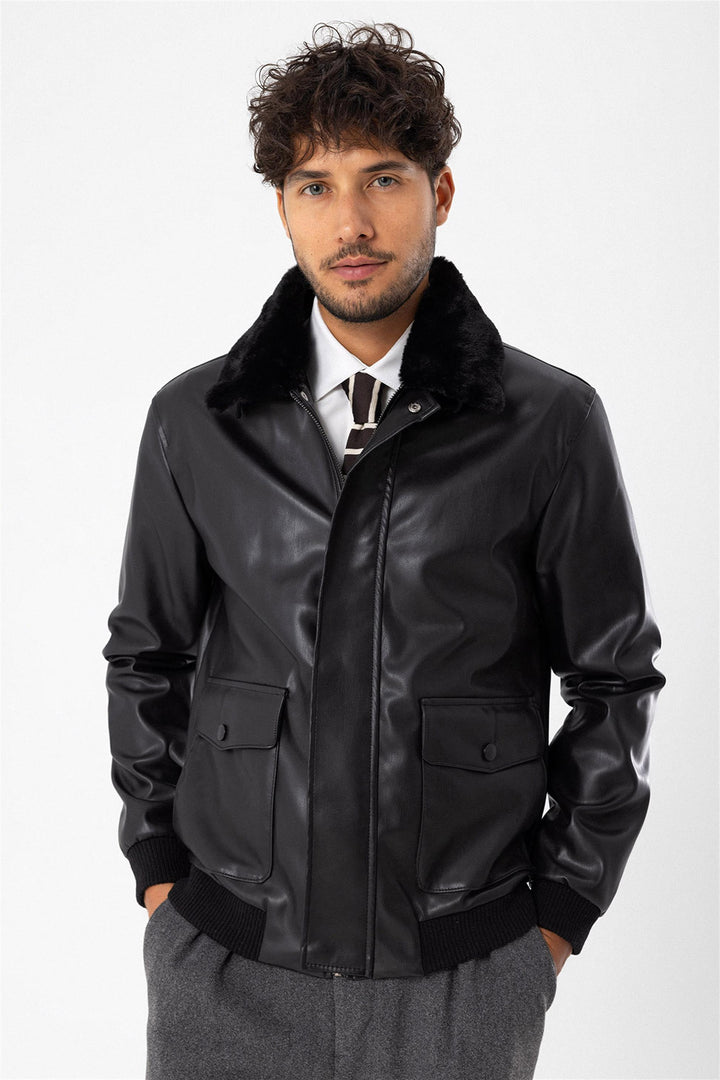 Men's Black Double Pocket Fur Collar Leather Coat - Wessi