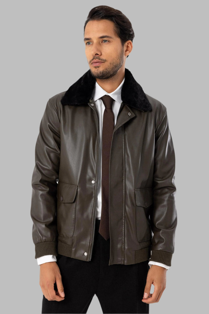 Men's Khaki Double Pocket Fur Collar Leather Coat - Wessi