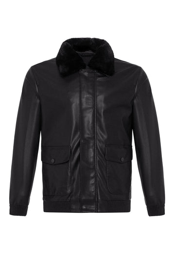Men's Black Double Pocket Fur Collar Leather Coat - Wessi