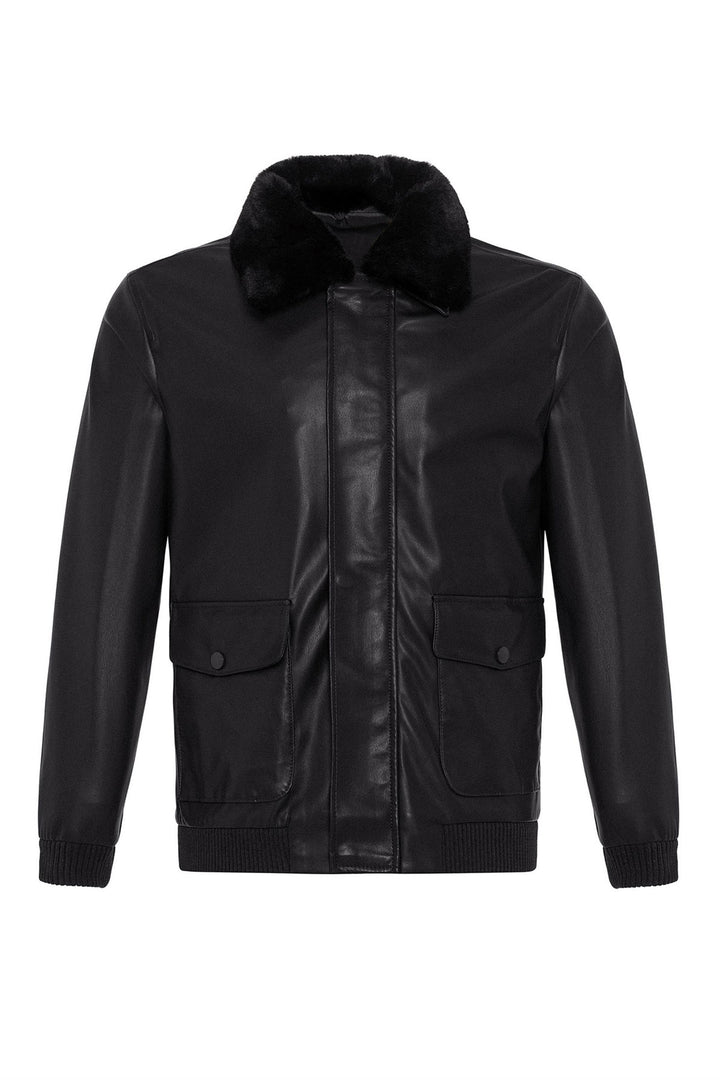 Men's Black Double Pocket Fur Collar Leather Coat - Wessi