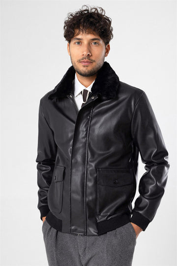 Men's Black Double Pocket Fur Collar Leather Coat - Wessi