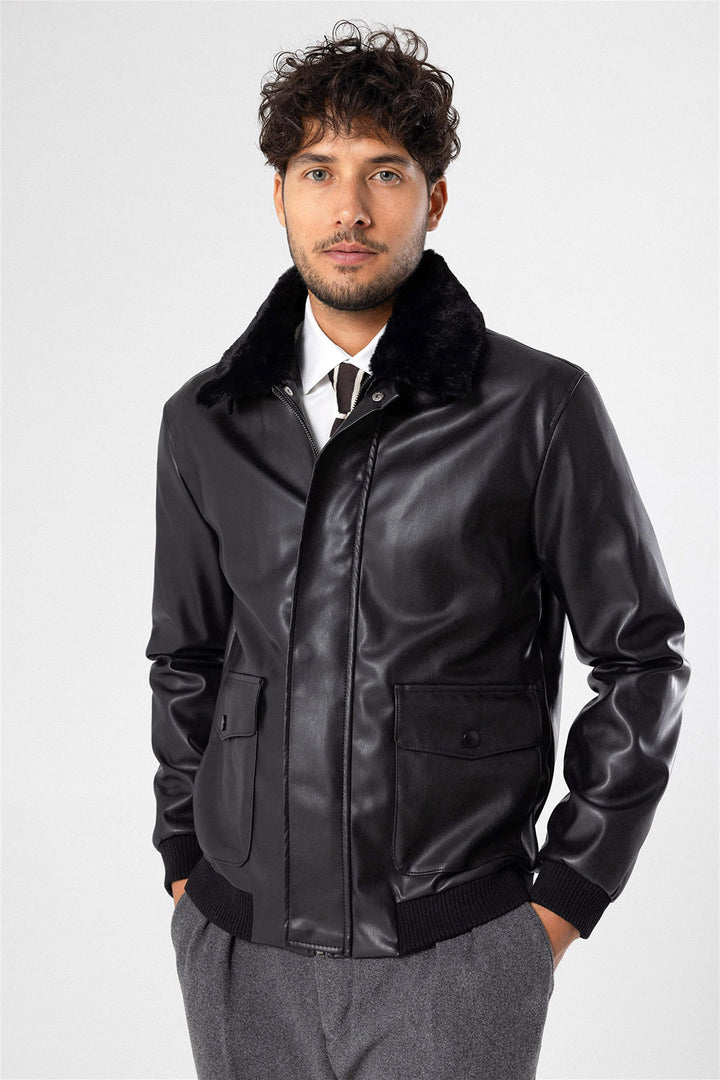 Men's Black Double Pocket Fur Collar Leather Coat - Wessi