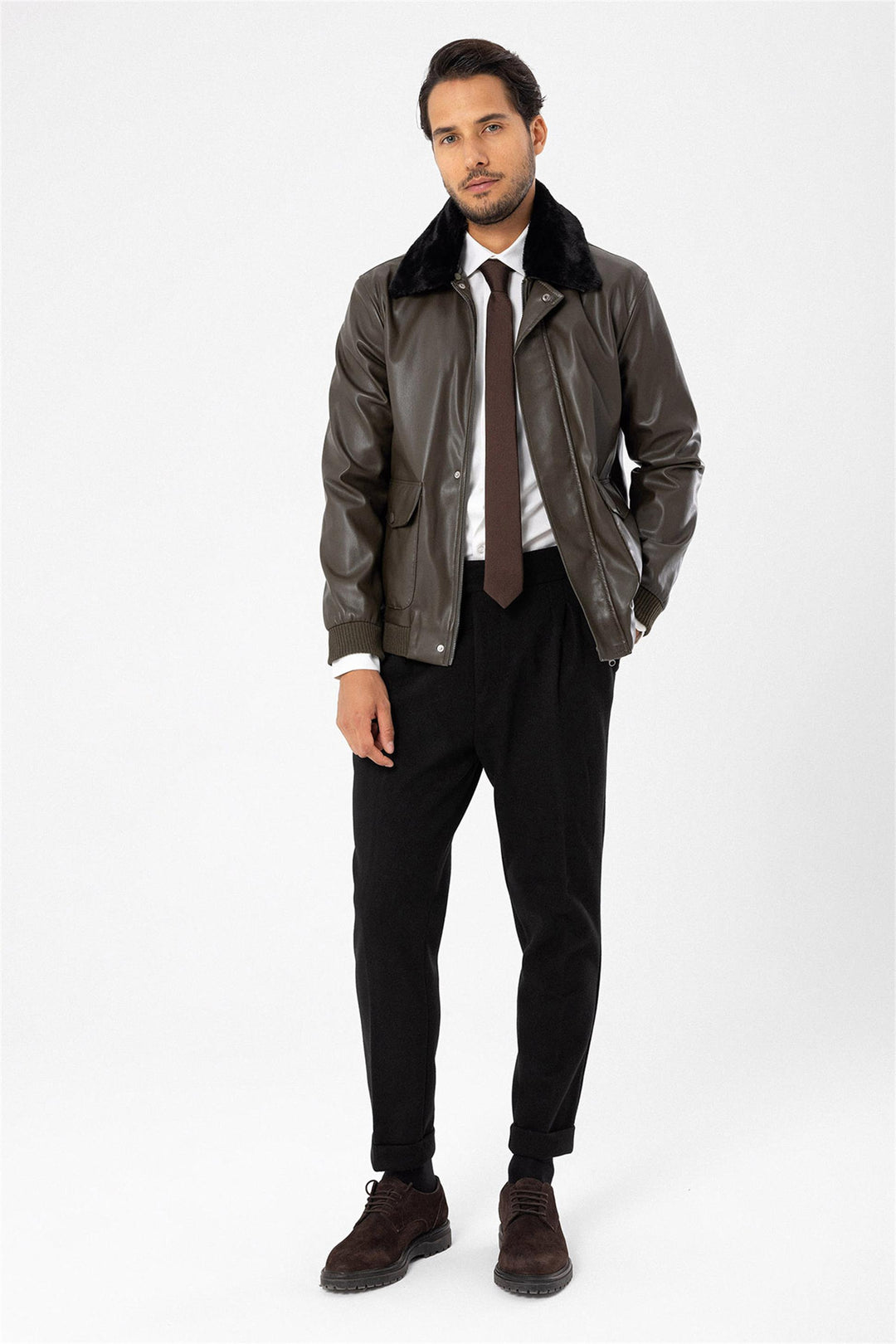 Men's Khaki Double Pocket Fur Collar Leather Coat - Wessi