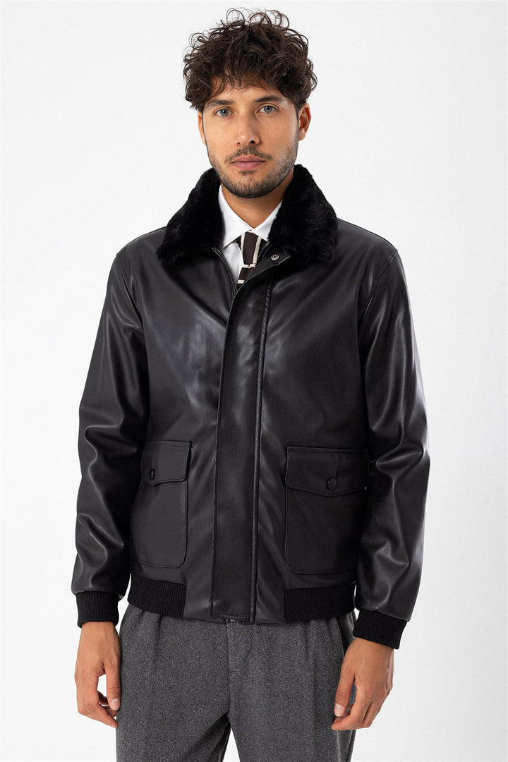 Men's Black Double Pocket Fur Collar Leather Coat - Wessi