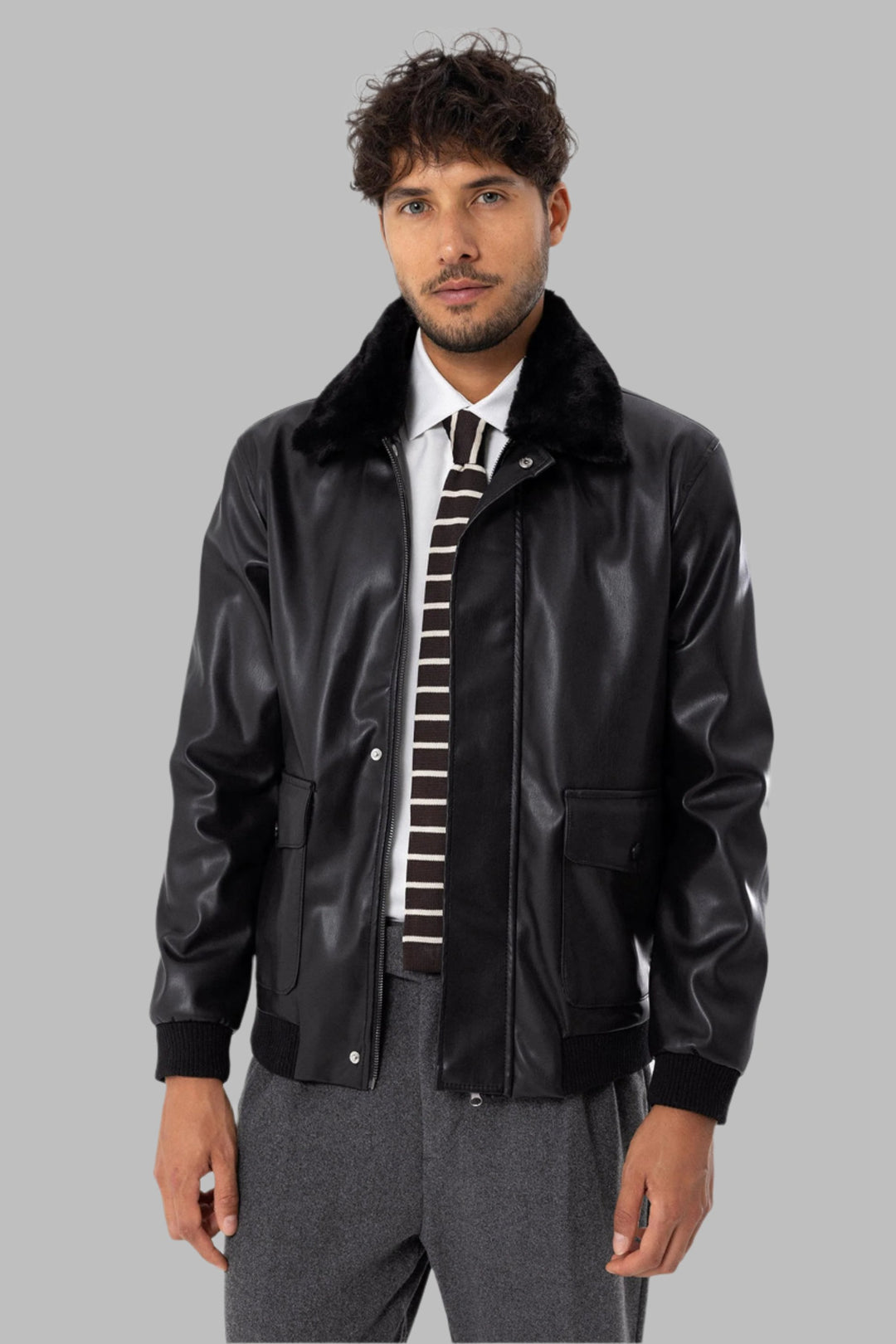 Men's Black Double Pocket Fur Collar Leather Coat - Wessi