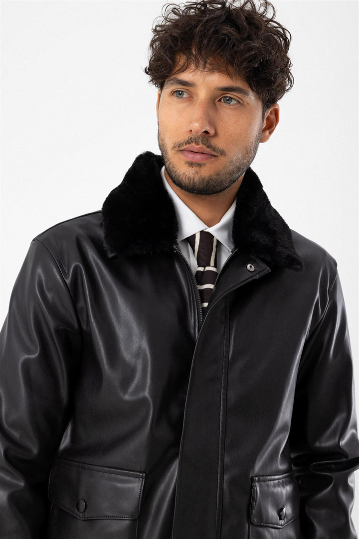 Men's Black Double Pocket Fur Collar Leather Coat - Wessi