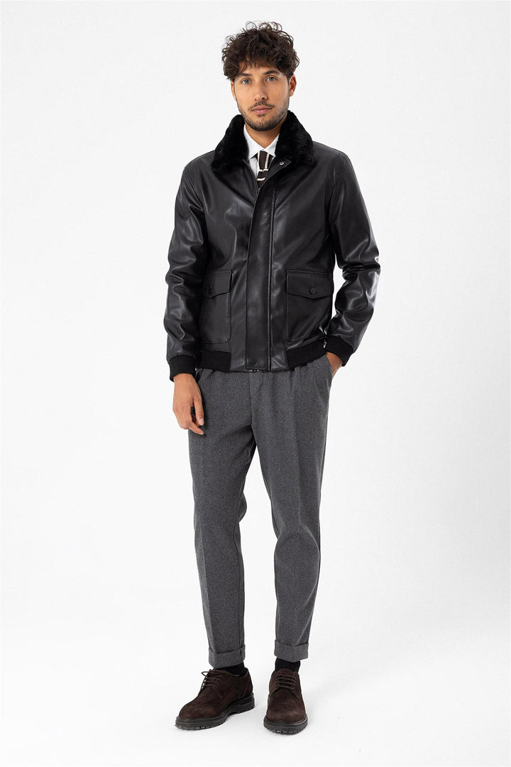 Men's Black Double Pocket Fur Collar Leather Coat - Wessi