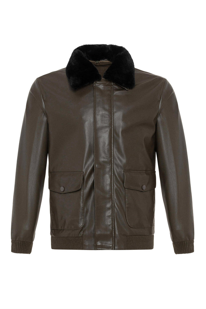 Men's Khaki Double Pocket Fur Collar Leather Coat - Wessi