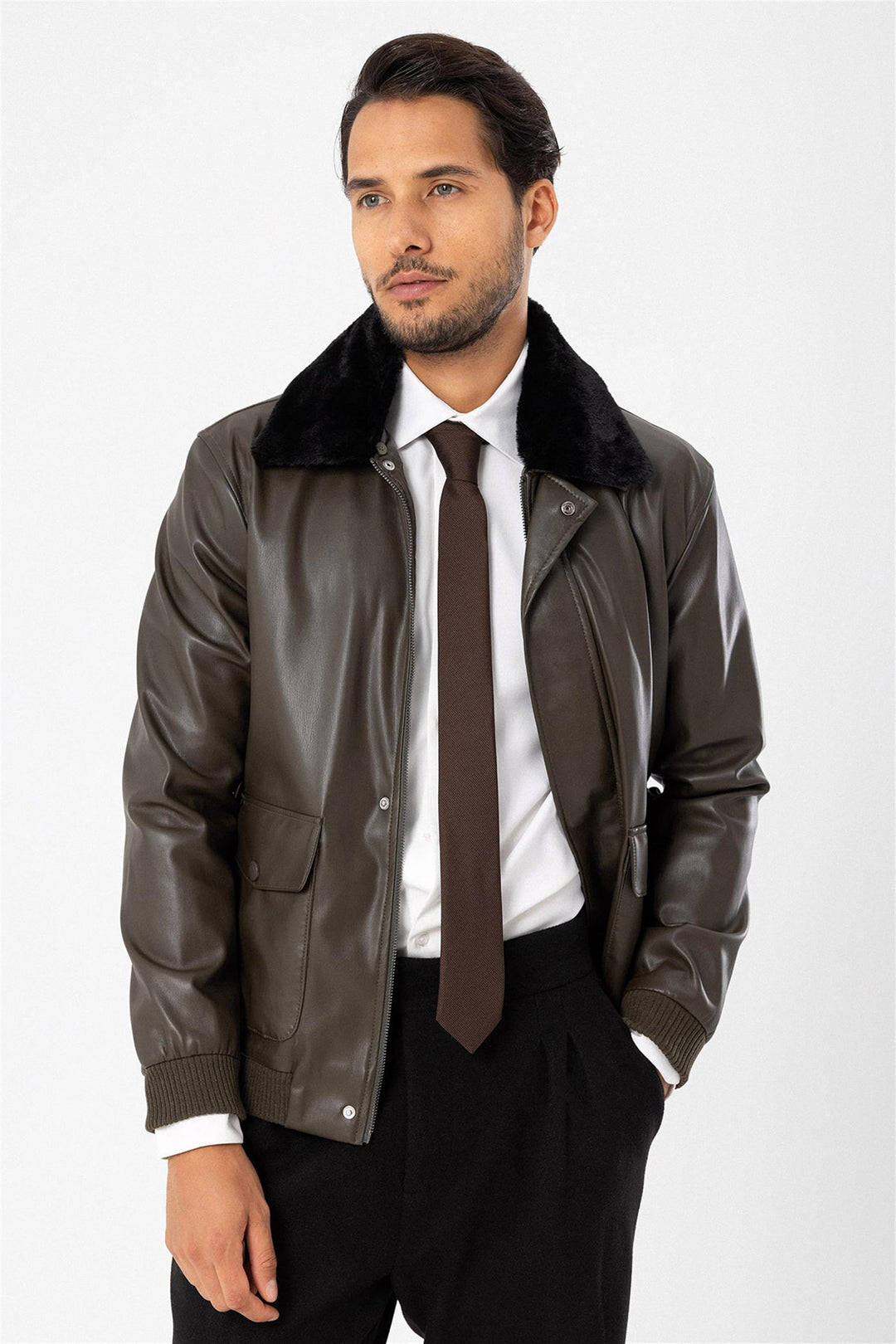 Men's Khaki Double Pocket Fur Collar Leather Coat - Wessi