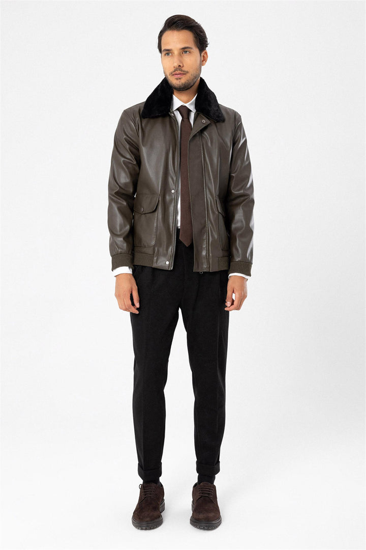 Men's Khaki Double Pocket Fur Collar Leather Coat - Wessi