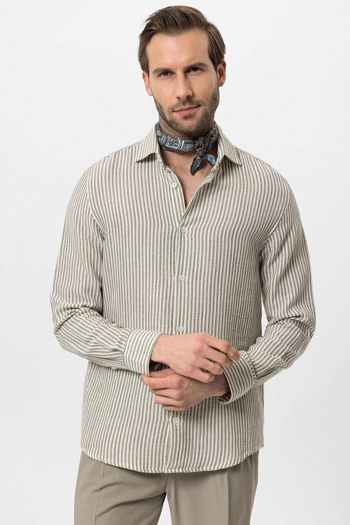 Men's Khaki Striped  Shirt - Wessi