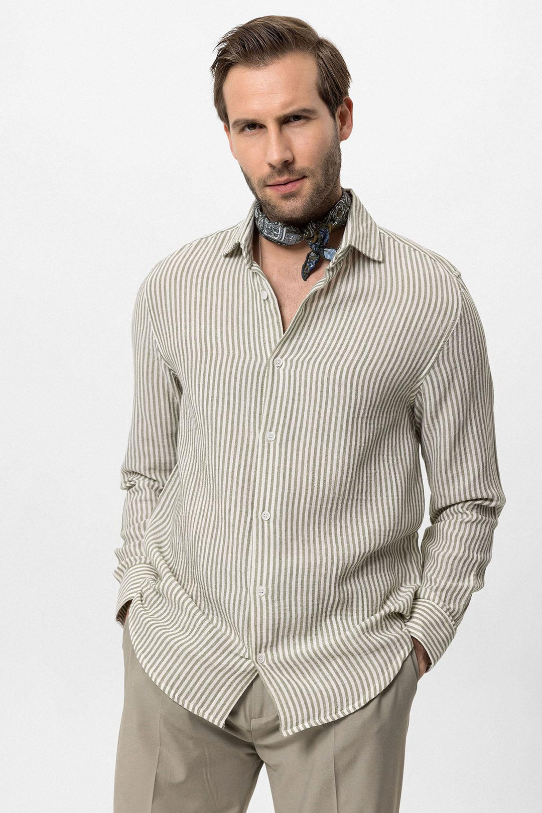 Men's Khaki Striped  Shirt - Wessi