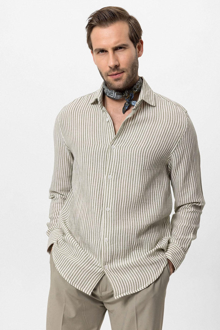Men's Khaki Striped  Shirt - Wessi