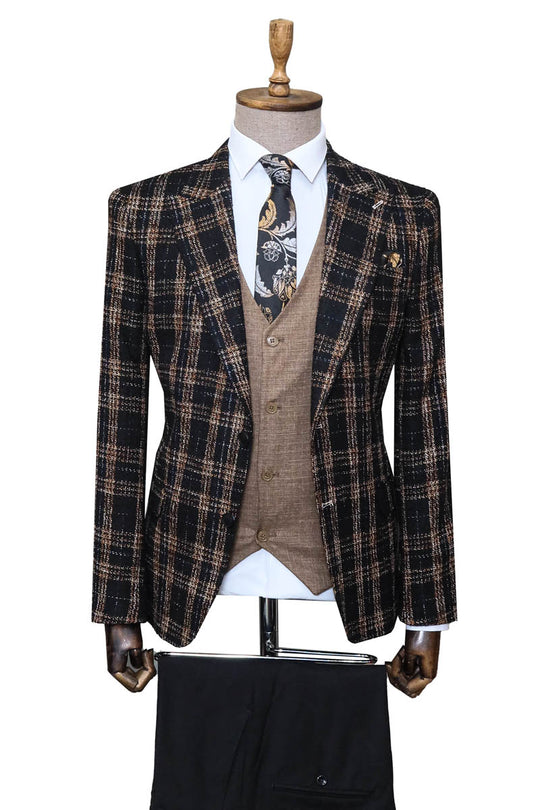 Black Plaid Jacket, Beige Vest, White Shirt, and Black Trousers Combo - Wessi Modern Classic Look