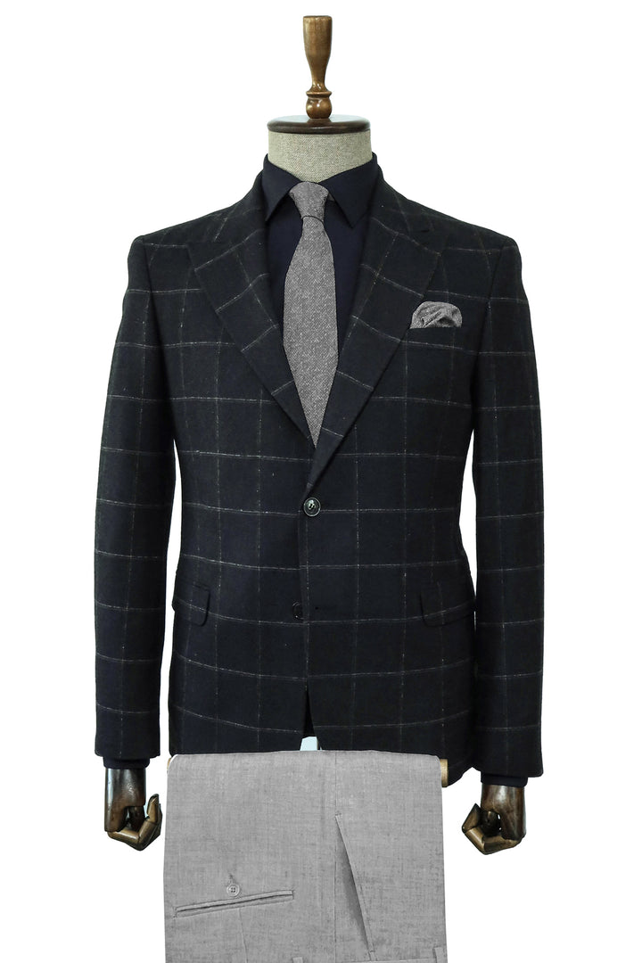 Black Blazer a Quadri, Black Camicia, Pantaloni Grigi e Cravatta Testurizzata - Moda Maschile Prestigiosa - Wessi
