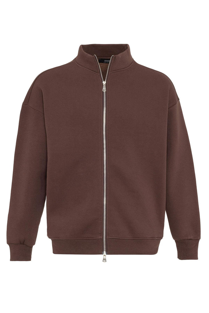 Men's Brown High Collar Double Zipper Closure  Sweatshirt - Wessi