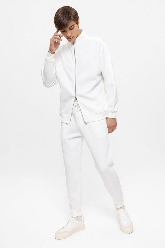 Men's Ecru High Collar Double Zipper Closure  Sweatshirt - Wessi