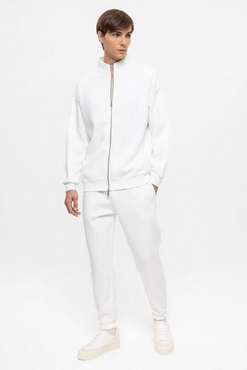 Men's Ecru High Collar Double Zipper Closure  Sweatshirt - Wessi