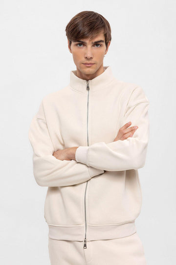 Men's Beige High Collar Double Zipper Closure  Sweatshirt - Wessi