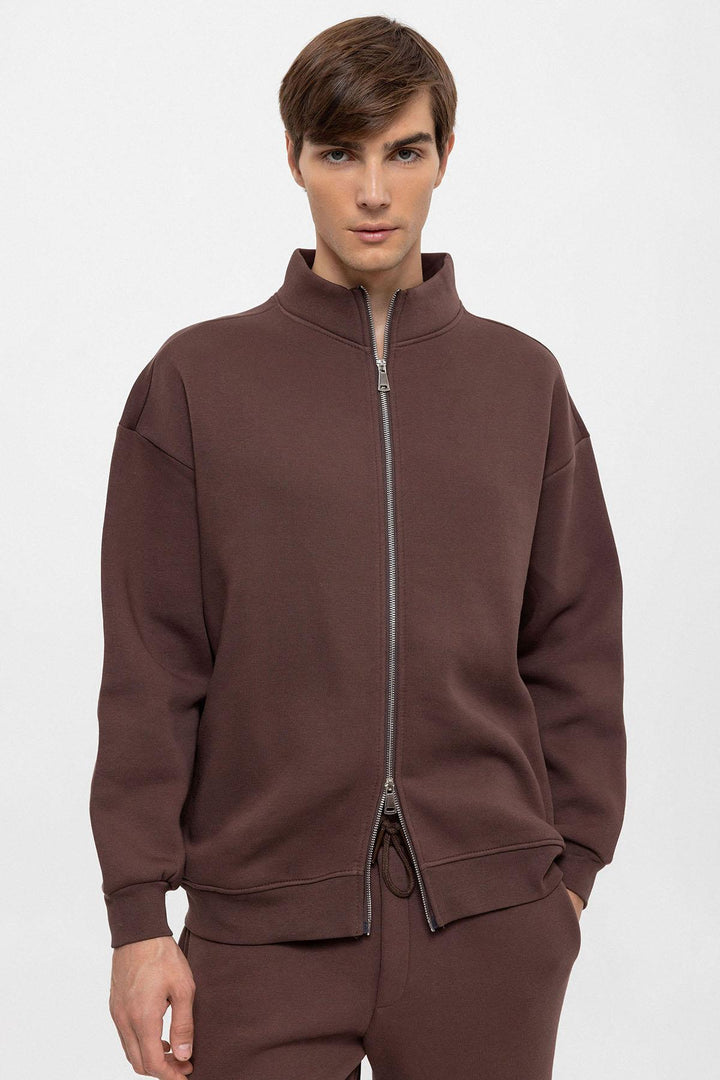 Men's Brown High Collar Double Zipper Closure  Sweatshirt - Wessi