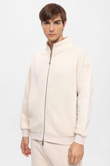 Men's Beige High Collar Double Zipper Closure  Sweatshirt - Wessi