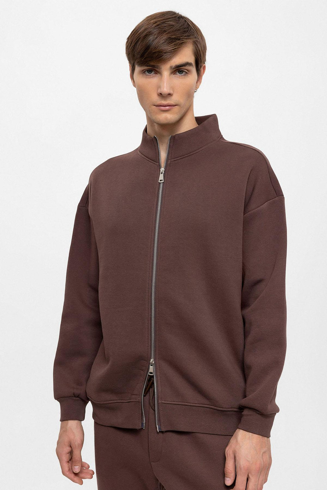 Men's Brown High Collar Double Zipper Closure  Sweatshirt - Wessi