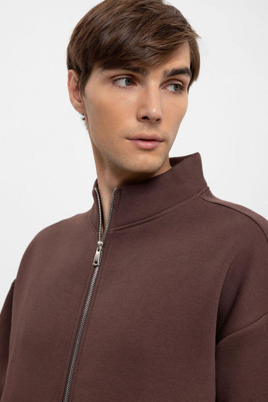 Men's Brown High Collar Double Zipper Closure  Sweatshirt - Wessi