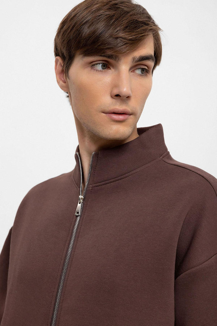 Men's Brown High Collar Double Zipper Closure  Sweatshirt - Wessi