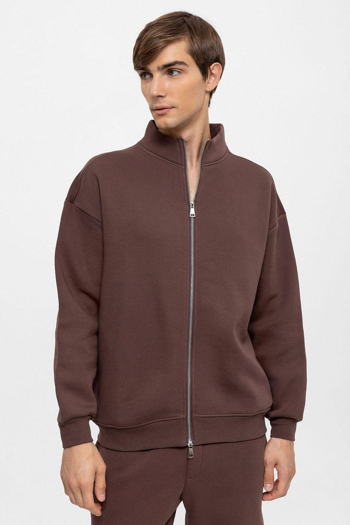 Men's Brown High Collar Double Zipper Closure  Sweatshirt - Wessi