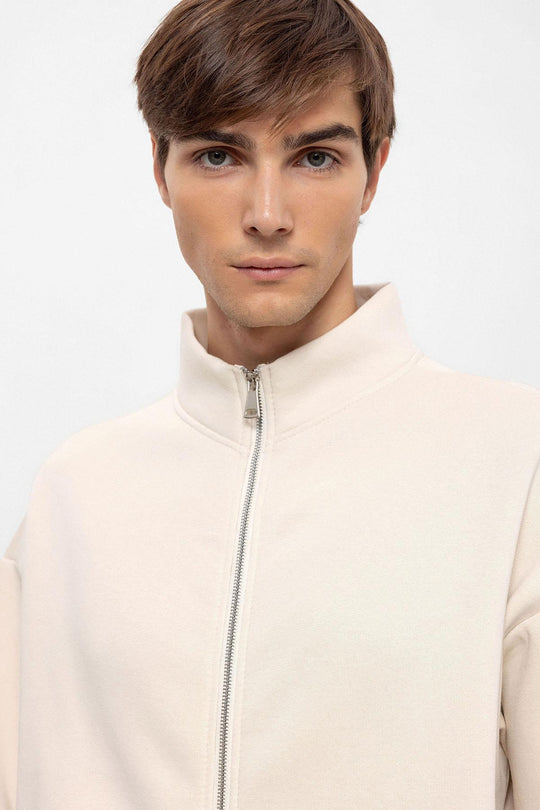 Men's Beige High Collar Double Zipper Closure  Sweatshirt - Wessi