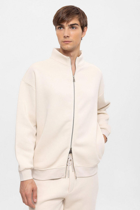 Men's Beige High Collar Double Zipper Closure  Sweatshirt - Wessi