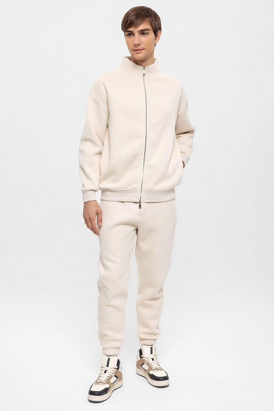 Men's Beige High Collar Double Zipper Closure  Sweatshirt - Wessi