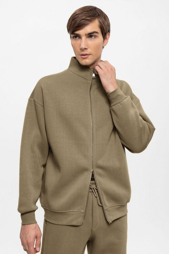 Men's Khaki High Collar Double Zipper Closure  Sweatshirt - Wessi