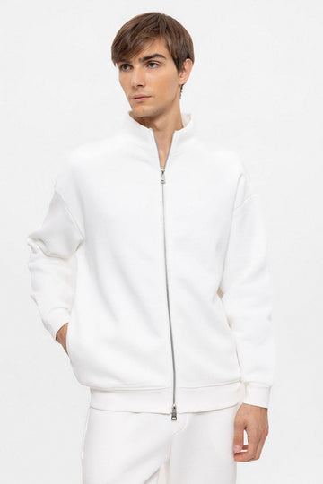 Men's Ecru High Collar Double Zipper Closure  Sweatshirt - Wessi