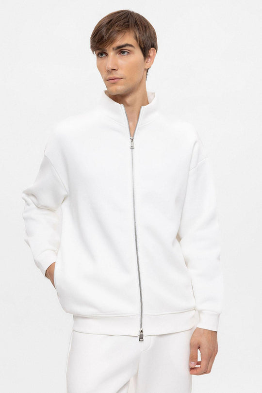 Men's Ecru High Collar Double Zipper Closure  Sweatshirt - Wessi